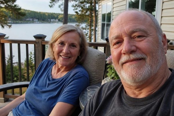 Retired couple relaxing on their deck by the lake